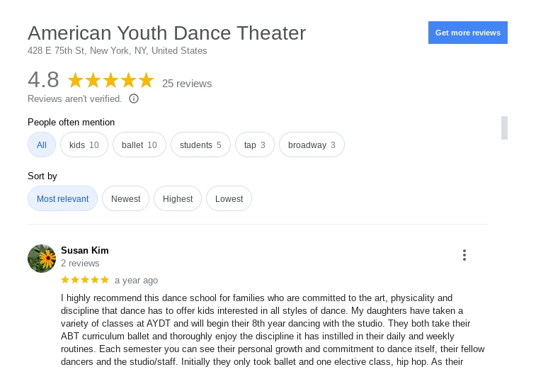 American Youth Dance Theater Google Reviews